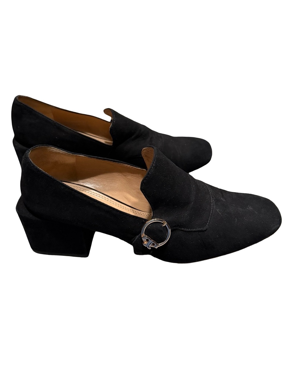 Tory Burch Black Suede Block Heel Loafers with Ring Accent